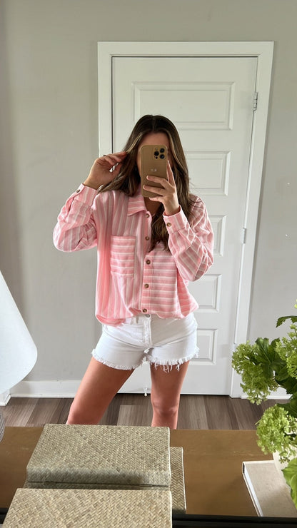 Glenn Pink and White Striped Button Down Top - FINAL SALE