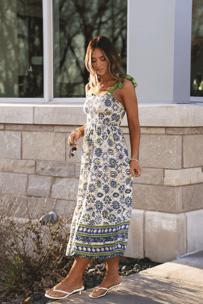 Green Mix Border Print Ribbon Strap Maxi Dress - FINAL SALE