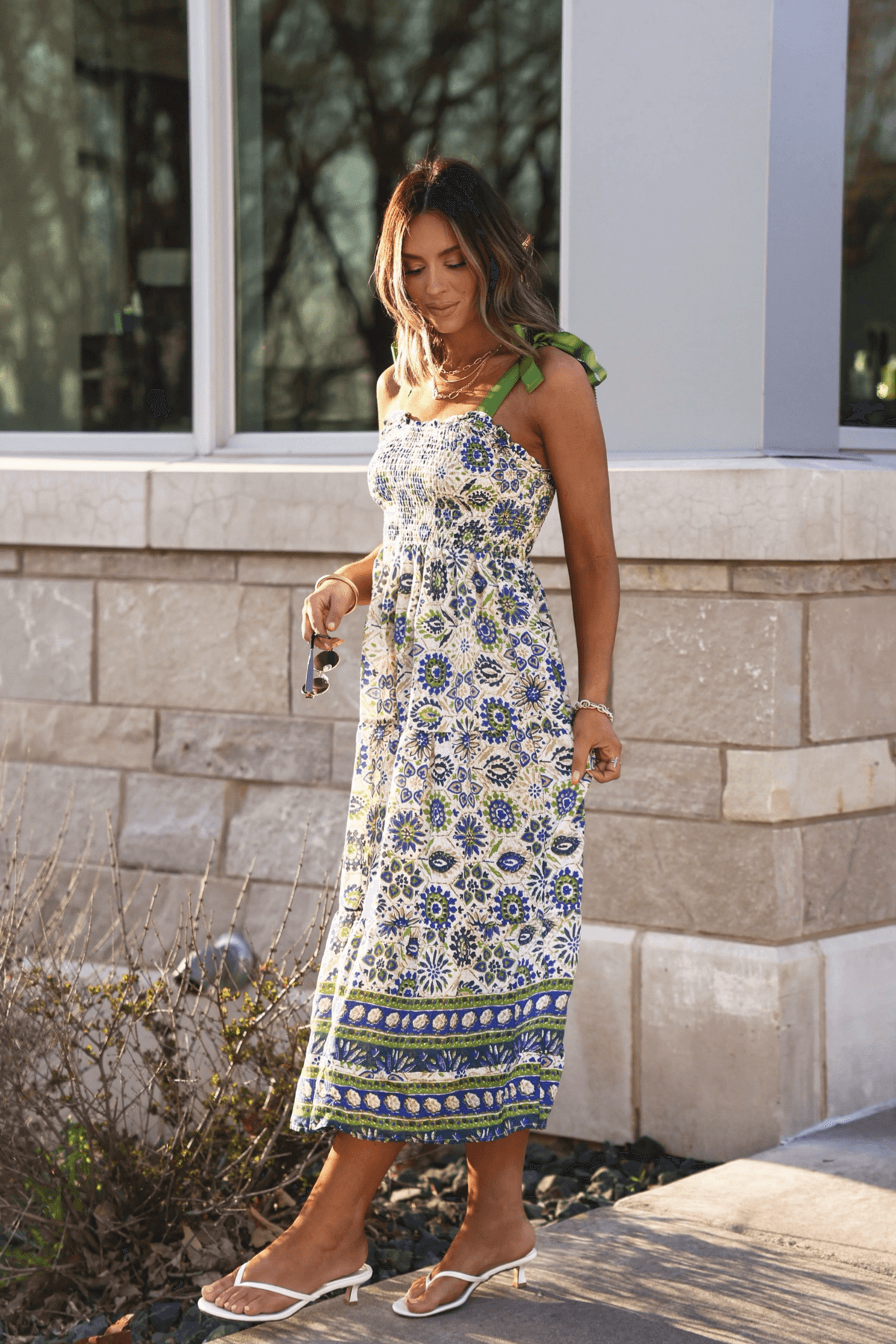 Green Mix Border Print Ribbon Strap Maxi Dress - FINAL SALE