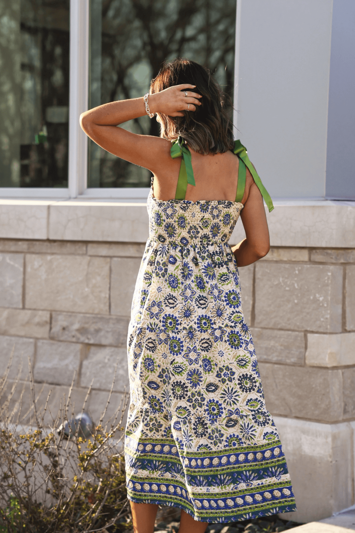 Green Mix Border Print Ribbon Strap Maxi Dress - FINAL SALE