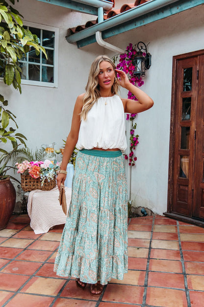 Green Paisley Print Tiered Maxi Skirt - FINAL SALE