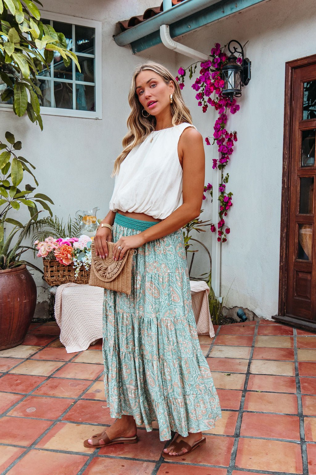 Green Paisley Print Tiered Maxi Skirt - FINAL SALE