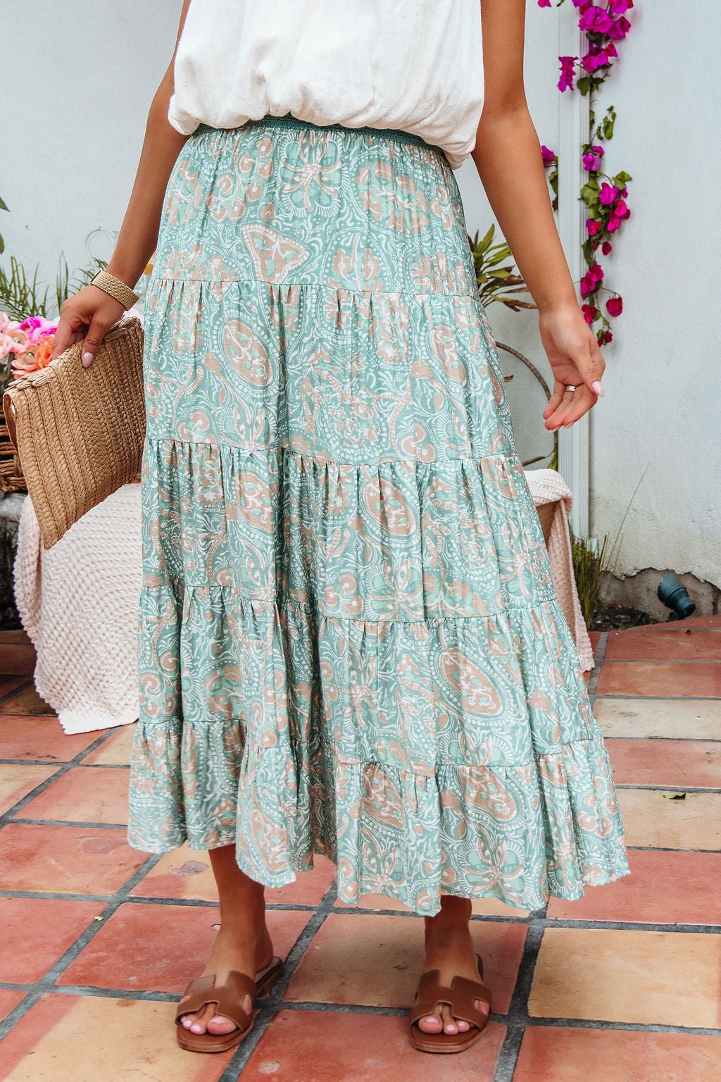 Green Paisley Print Tiered Maxi Skirt - FINAL SALE