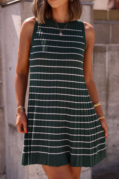 Green Stripe Pleated Mini Dress-FINAL SALE