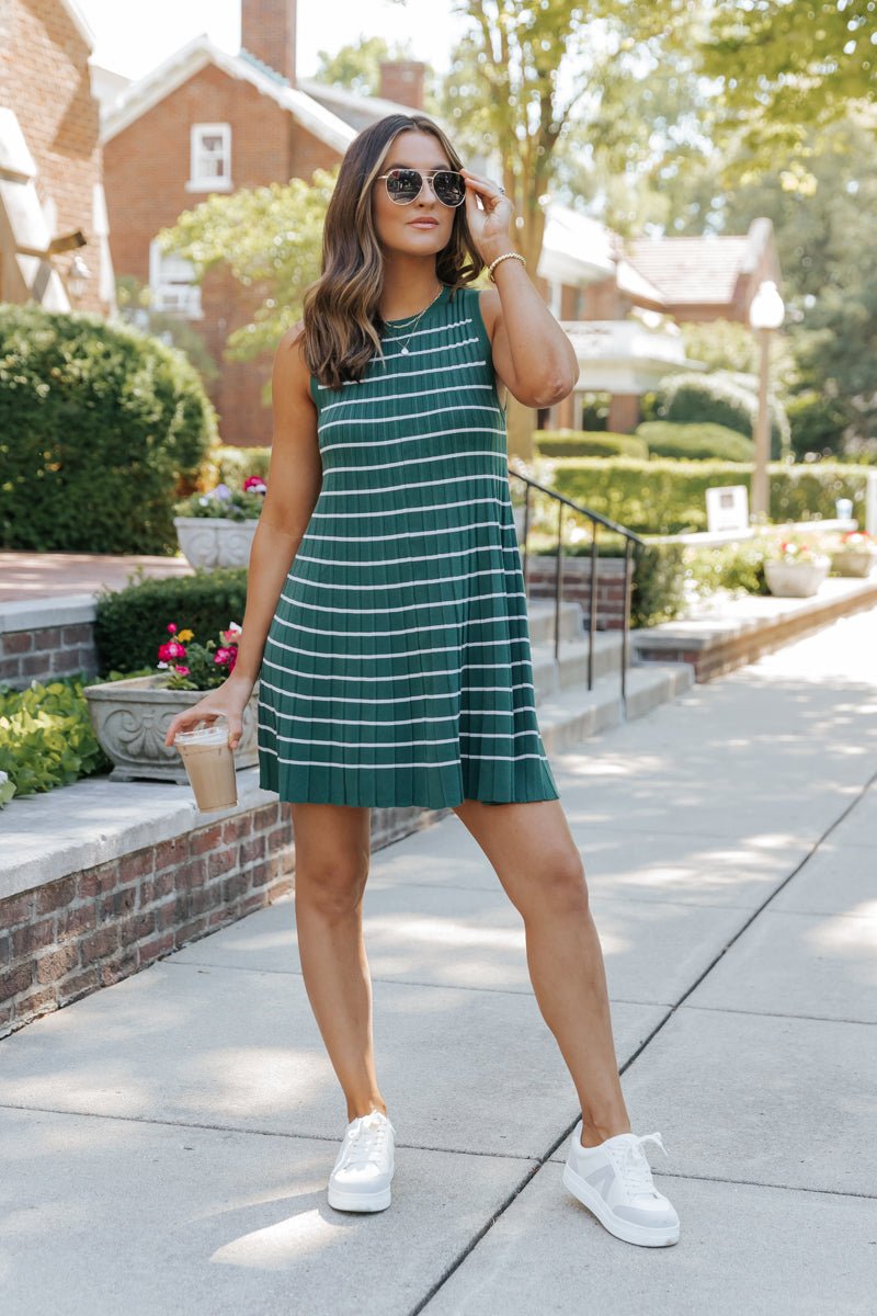 Green Stripe Pleated Mini Dress-FINAL SALE