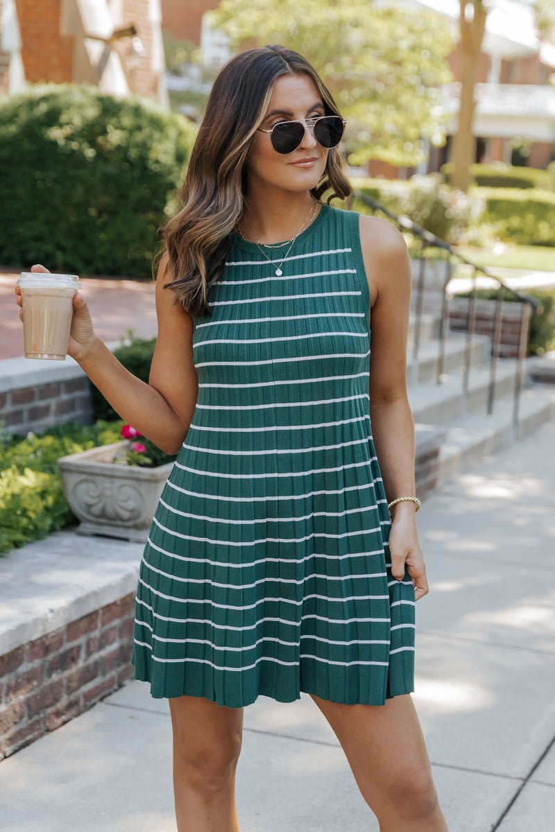 Green Stripe Pleated Mini Dress-FINAL SALE