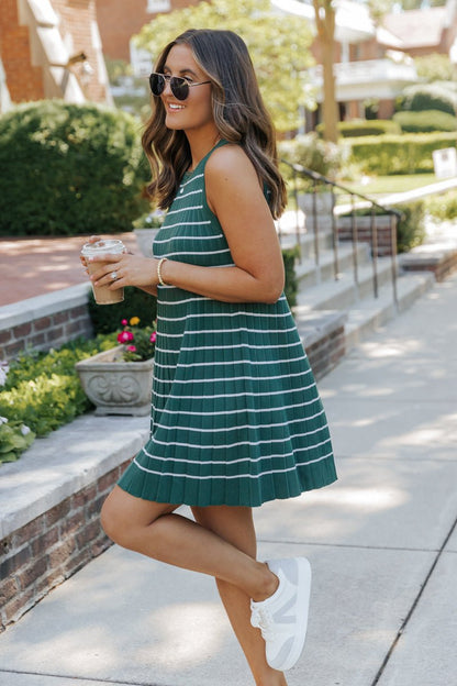 Green Stripe Pleated Mini Dress-FINAL SALE