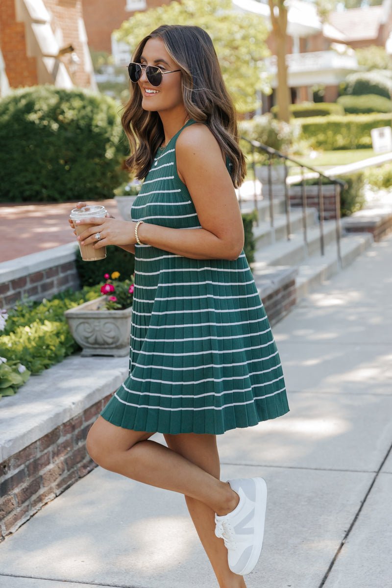 Green Stripe Pleated Mini Dress-FINAL SALE