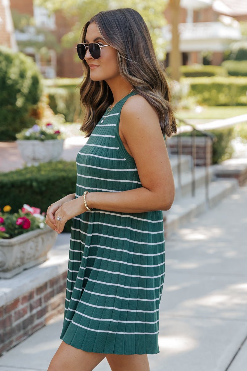 Green Stripe Pleated Mini Dress-FINAL SALE