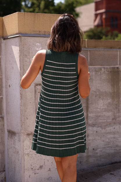 Green Stripe Pleated Mini Dress-FINAL SALE