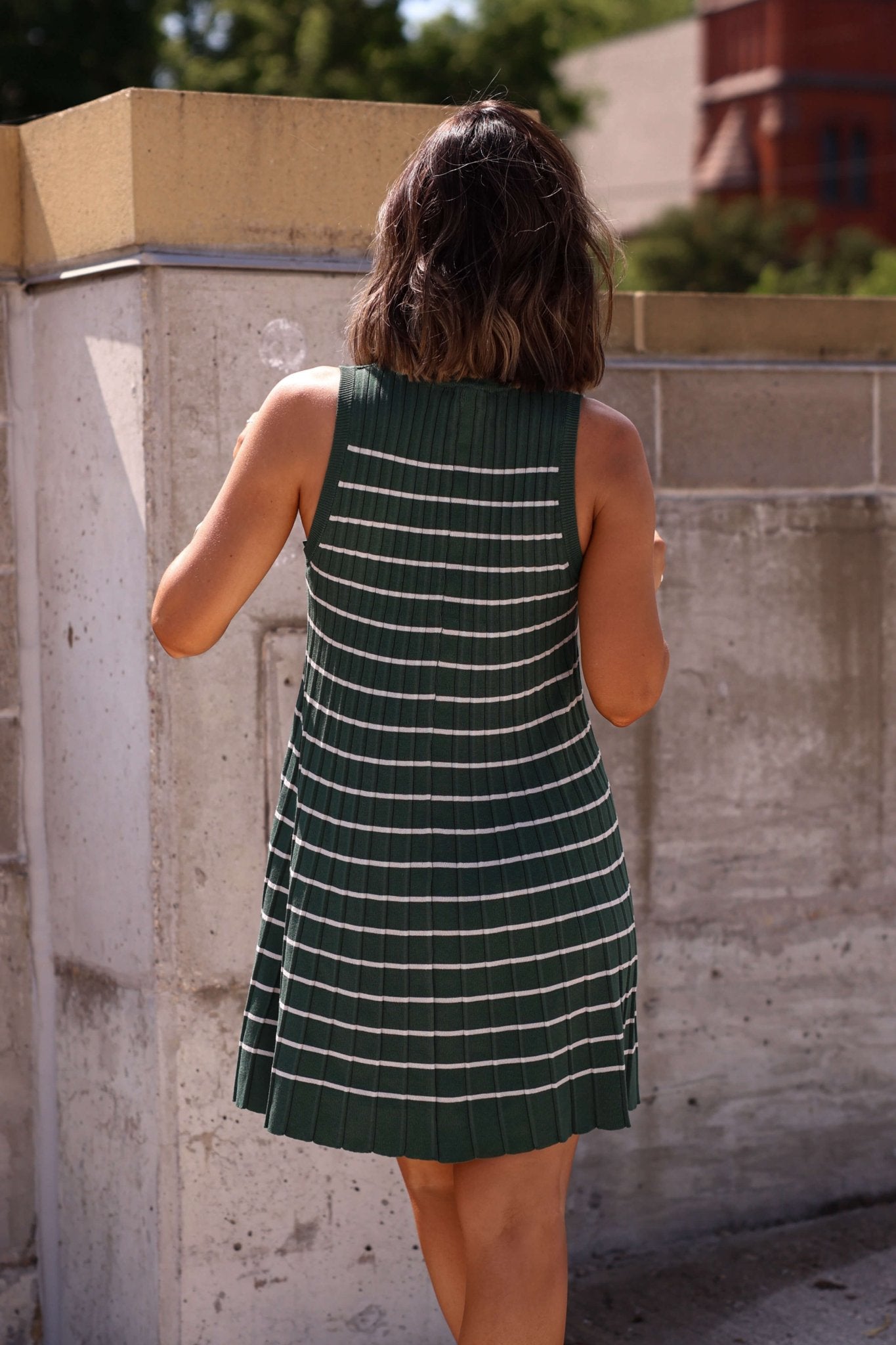 Green Stripe Pleated Mini Dress-FINAL SALE