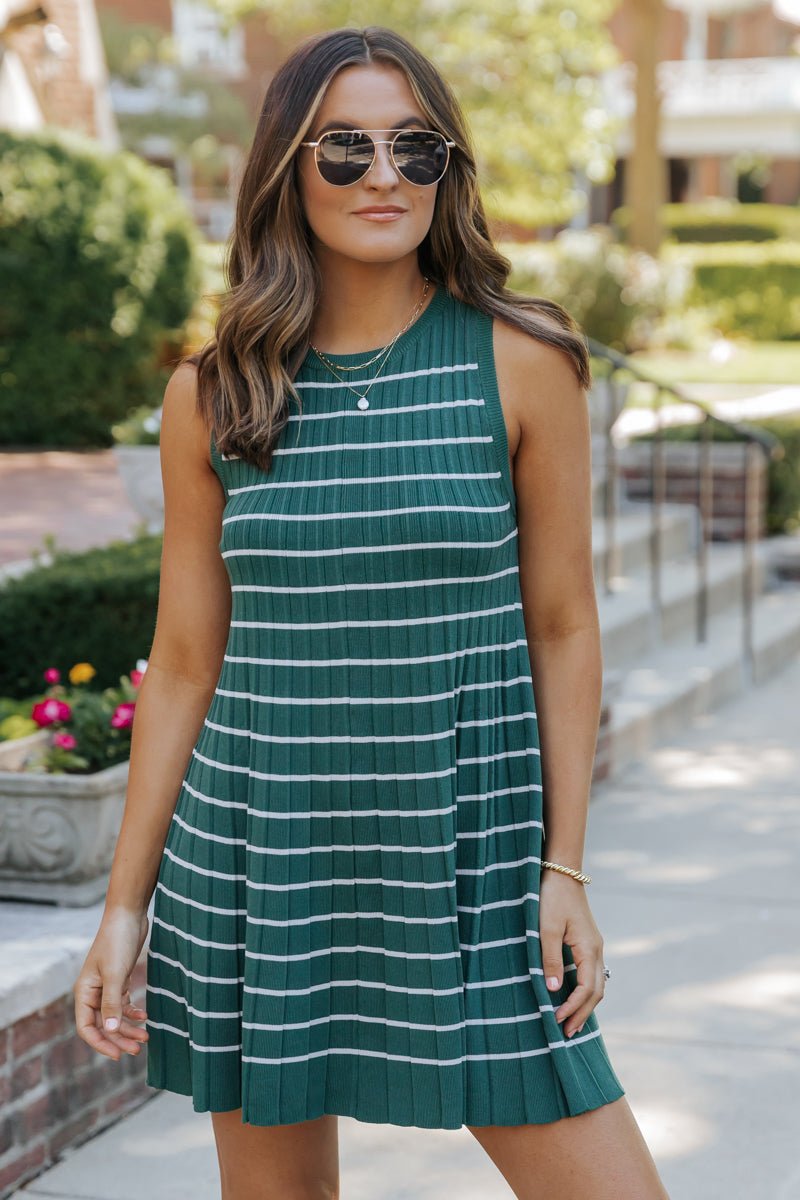 Green Stripe Pleated Mini Dress-FINAL SALE