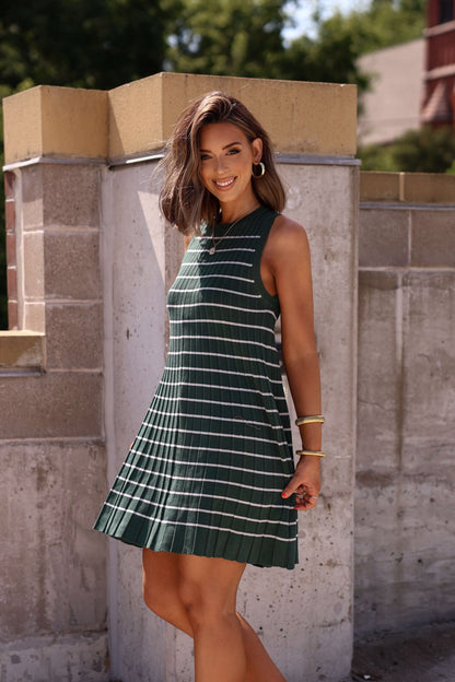 Green Stripe Pleated Mini Dress-FINAL SALE