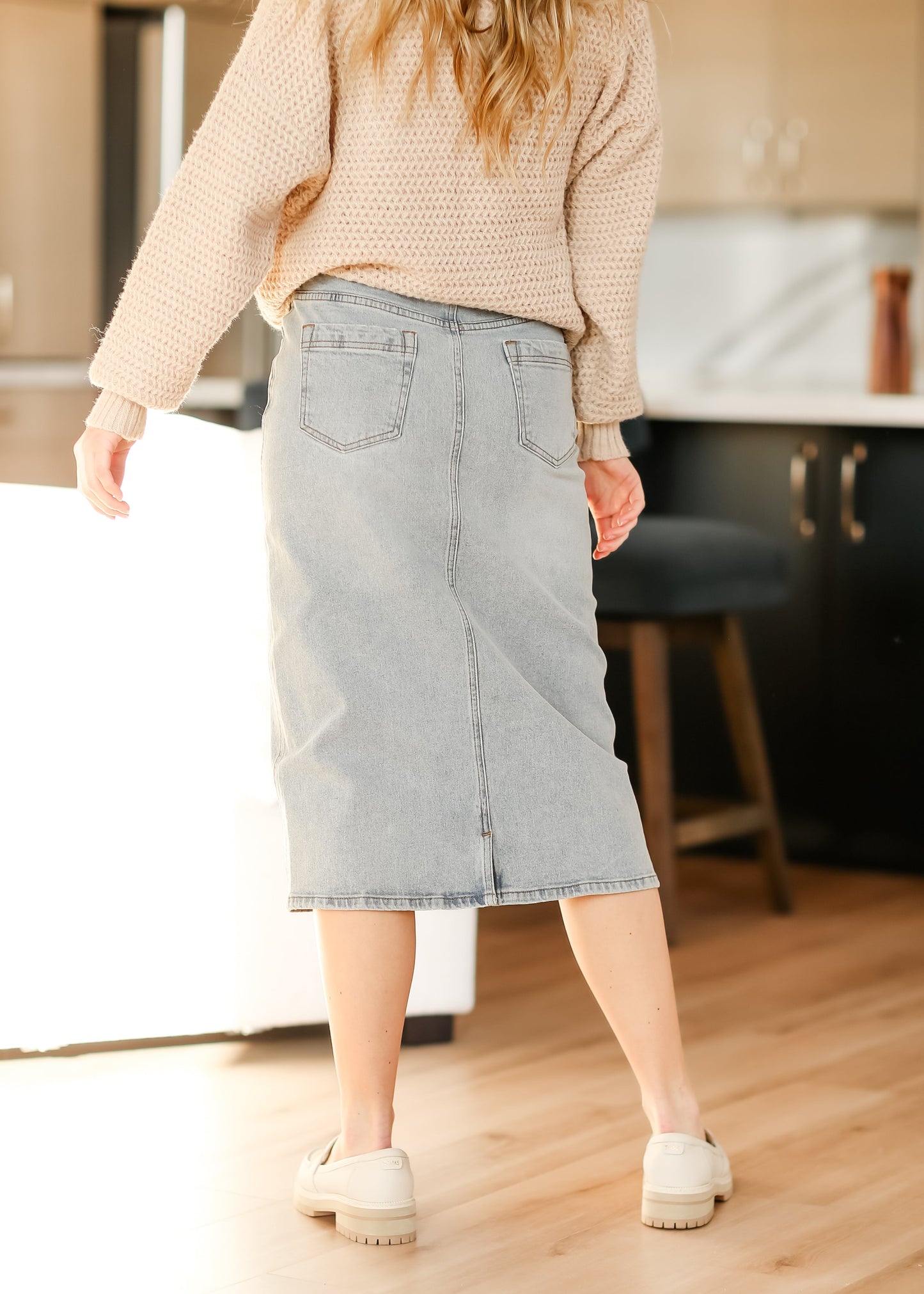 Greta Light Wash Midi Denim Skirt