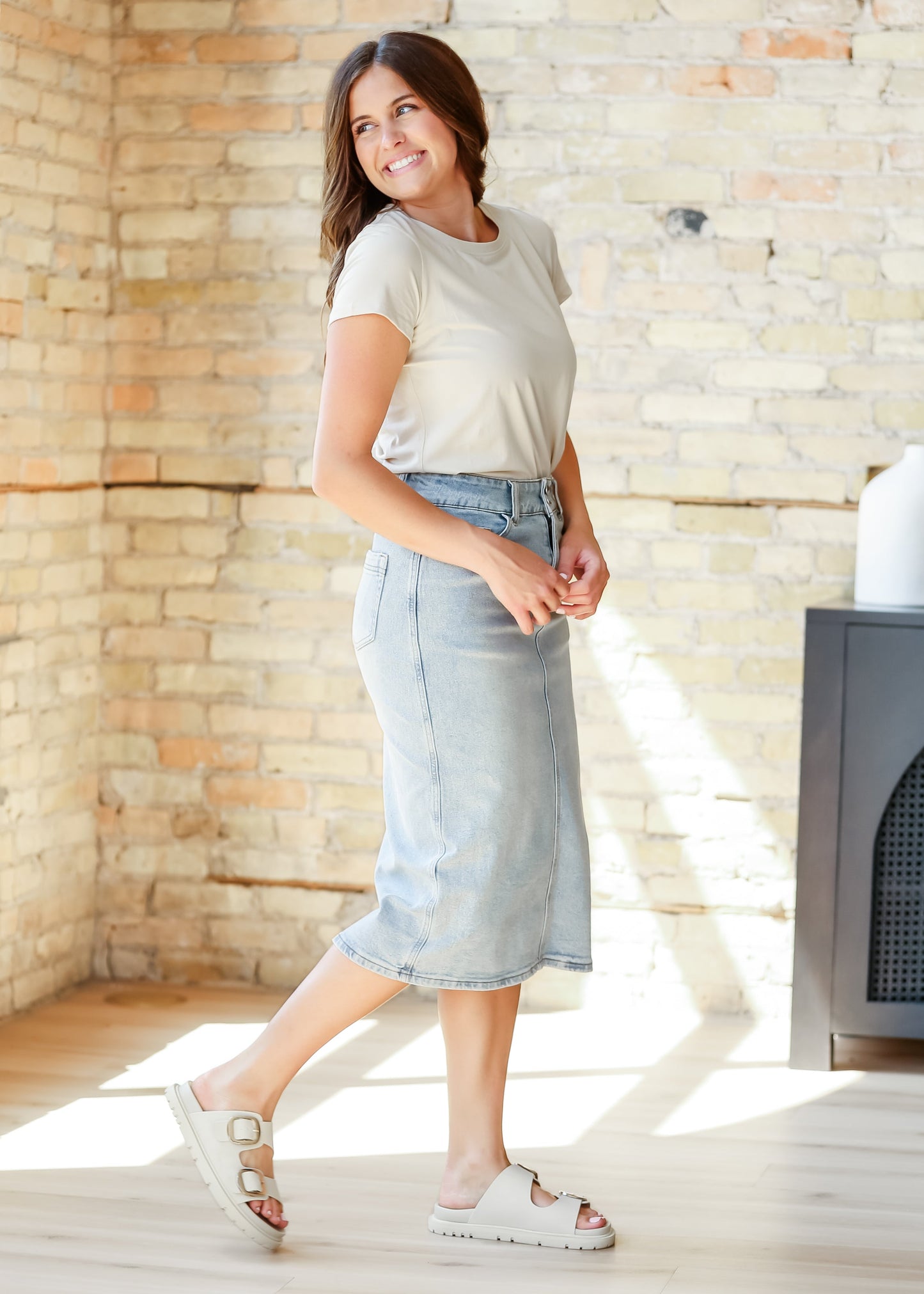 Greta Light Wash Midi Denim Skirt