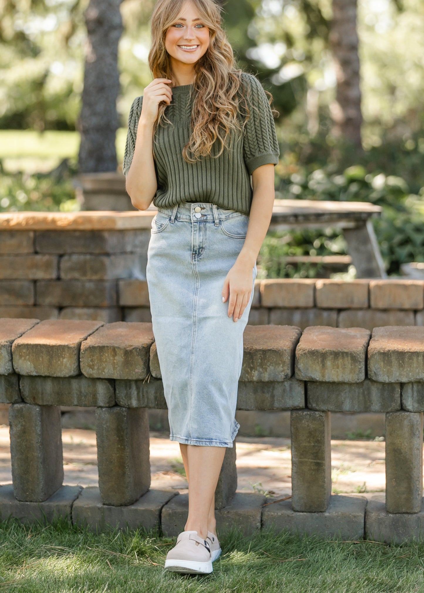Greta Light Wash Midi Denim Skirt