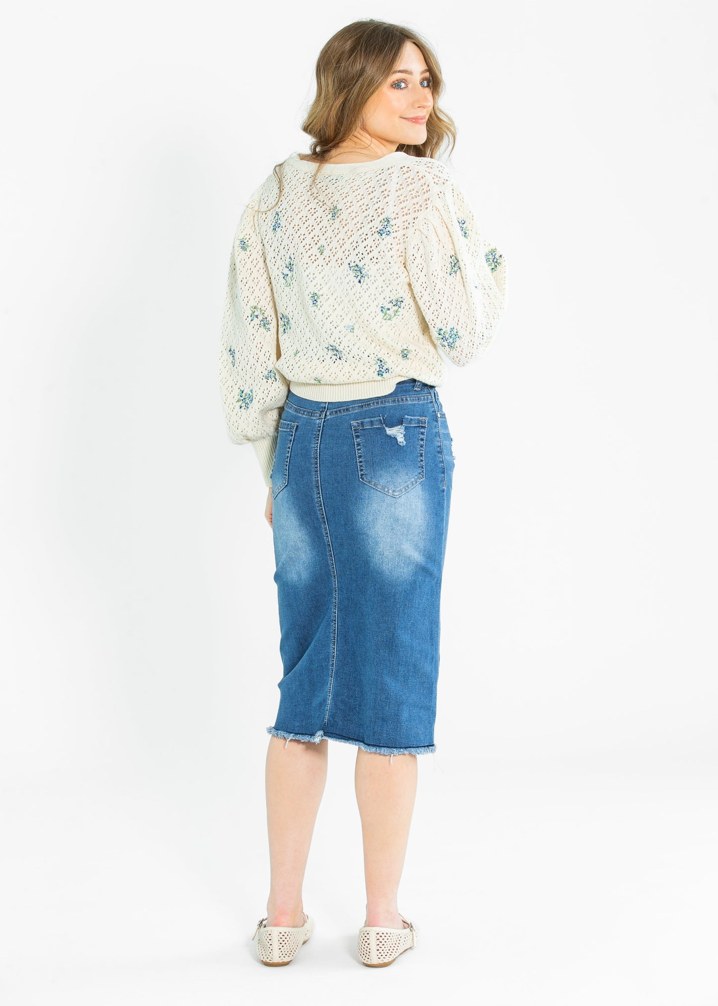 Hadley High Rise Denim Midi Skirt