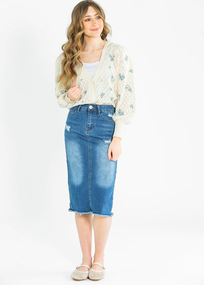 Hadley High Rise Denim Midi Skirt