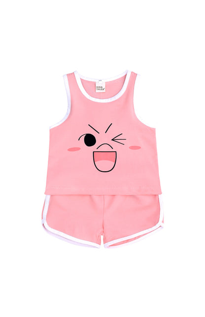 Children's Contrast Print Casual Vest Loungewear Set Pink