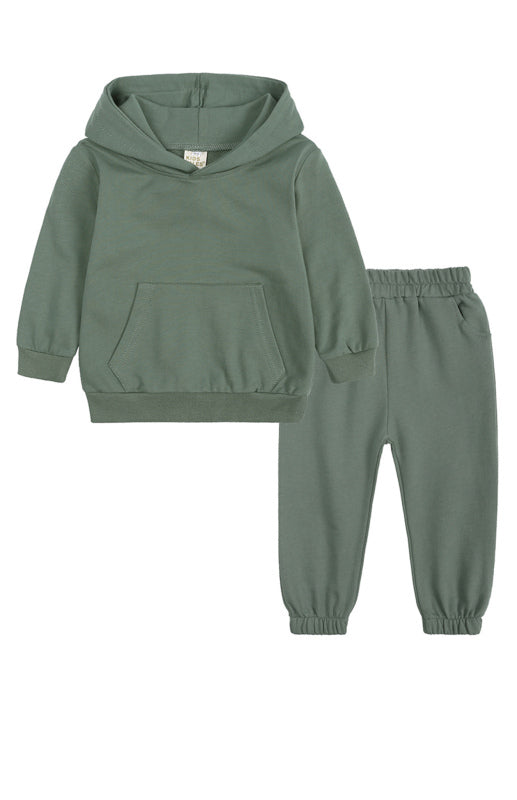 Kids Cotton Hooded Sweatshirt Tracksuit Set - Warm Winter Outfit Green