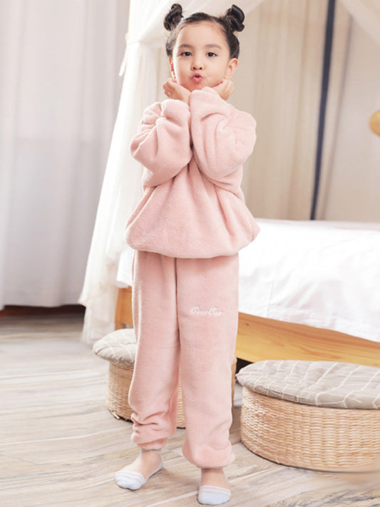 Children'S Embroidered Coral Fleece Pajama Set Pink