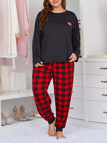 Plus Size Women's Long Sleeve Plaid Trousers Home Pajamas Set Black