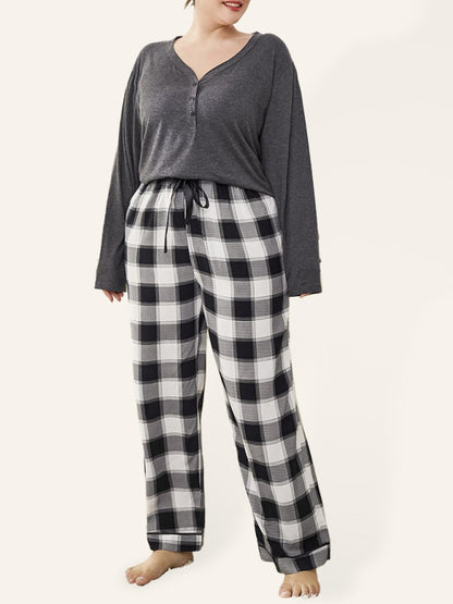 Plus size women's V-neck long-sleeved T-shirt plaid trousers home pajamas set Grey