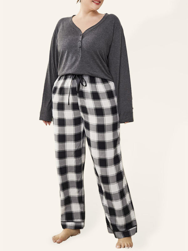 Plus size women's V-neck long-sleeved T-shirt plaid trousers home pajamas set Grey