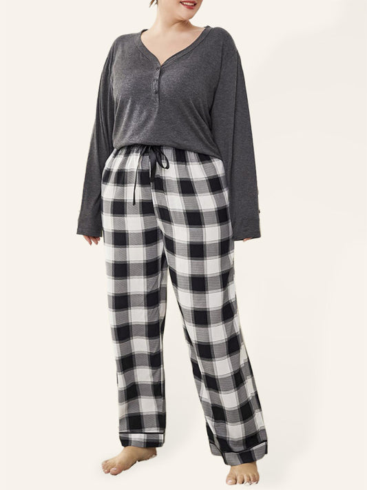 Plus size women's V-neck long-sleeved T-shirt plaid trousers home pajamas set Grey