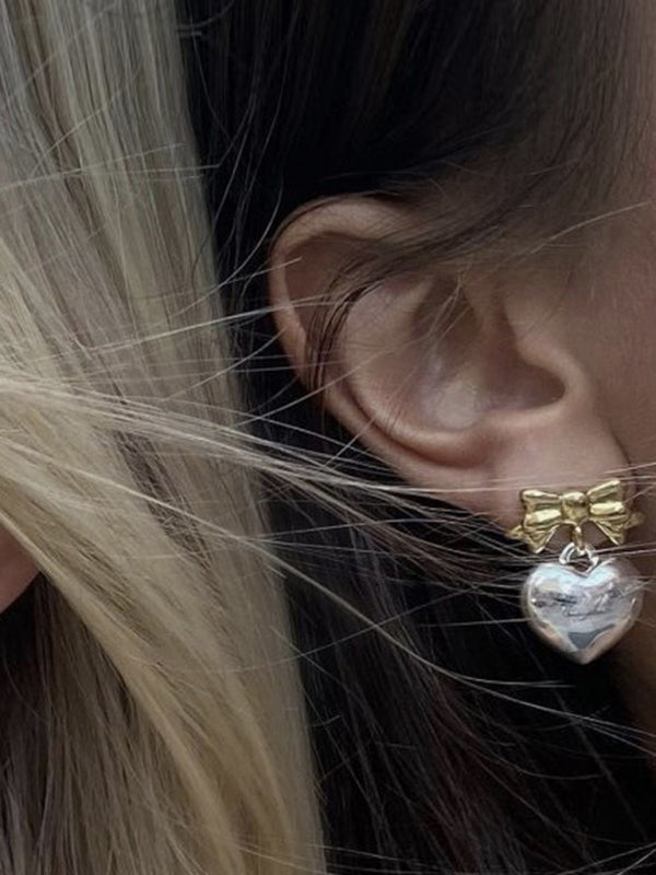 Modern versatile sweet and cool heart bow earrings