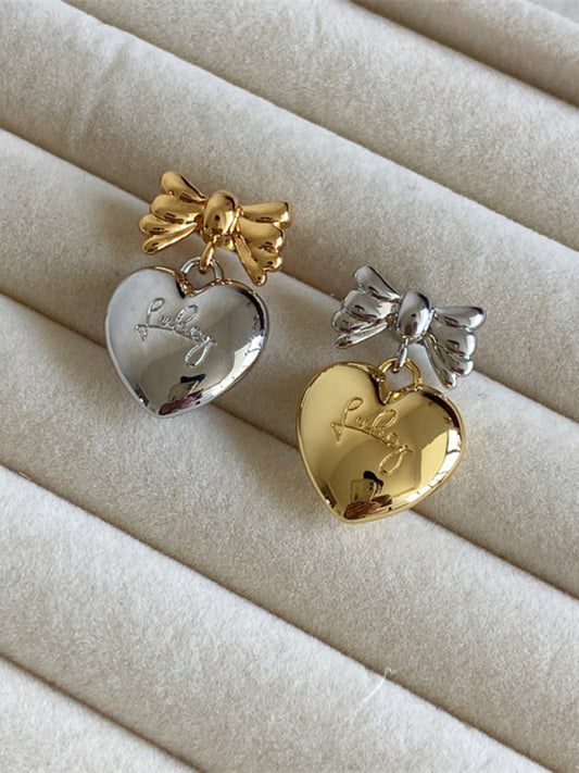 Modern versatile sweet and cool heart bow earrings Photo Color FREESIZE
