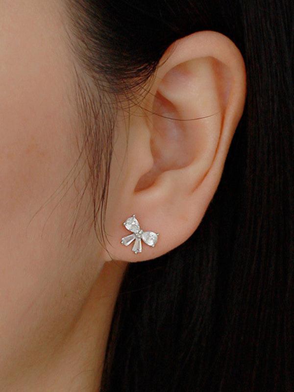 Women's 925 Silver Needle Bow Tie Shape Stud Earrings Silver grey FREESIZE