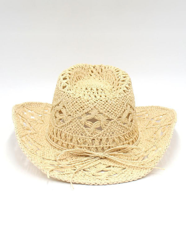Modern hollow cowboy hat, hand-knitted straw hat, jazz hat with raised brim
