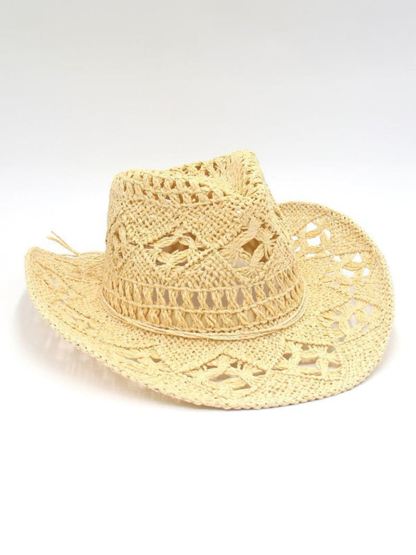 Modern hollow cowboy hat, hand-knitted straw hat, jazz hat with raised brim Cream FREESIZE