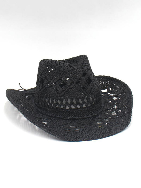 Modern hollow cowboy hat, hand-knitted straw hat, jazz hat with raised brim Black FREESIZE