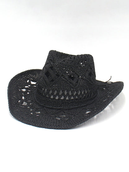 Modern hollow cowboy hat, hand-knitted straw hat, jazz hat with raised brim