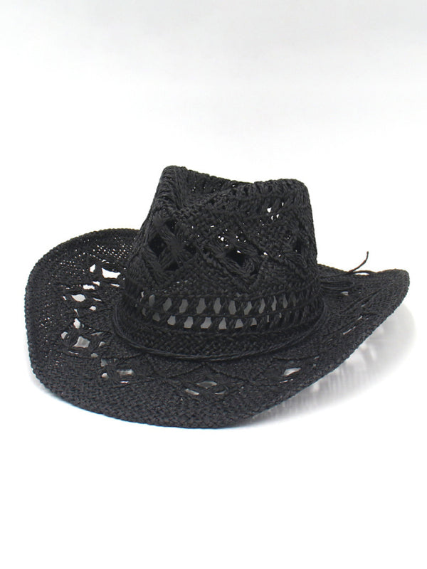 Modern hollow cowboy hat, hand-knitted straw hat, jazz hat with raised brim