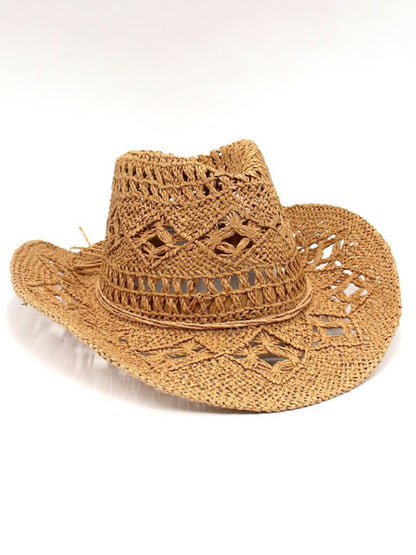Modern hollow cowboy hat, hand-knitted straw hat, jazz hat with raised brim Khaki FREESIZE