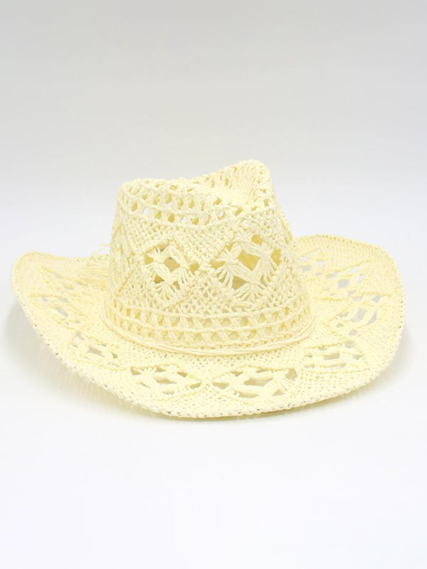 Modern hollow cowboy hat, hand-knitted straw hat, jazz hat with raised brim Light yellow FREESIZE