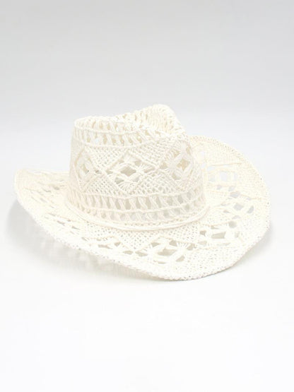 Modern hollow cowboy hat, hand-knitted straw hat, jazz hat with raised brim White FREESIZE