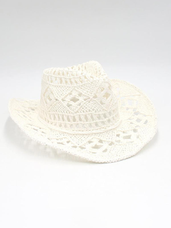 Modern hollow cowboy hat, hand-knitted straw hat, jazz hat with raised brim White FREESIZE