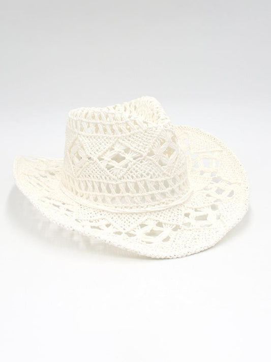 Modern hollow cowboy hat, hand-knitted straw hat, jazz hat with raised brim White FREESIZE