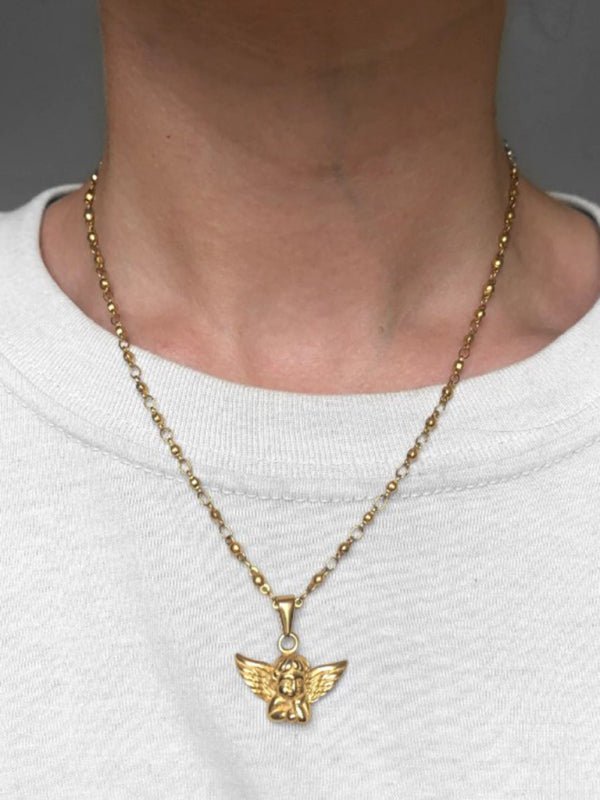 INS retro style angel Cupid + green zircon pendant necklace Golden FREESIZE