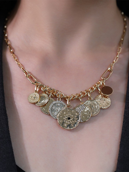 Modern mystical coin-set diamond relief small pendant bib necklace Pattern1 FREESIZE