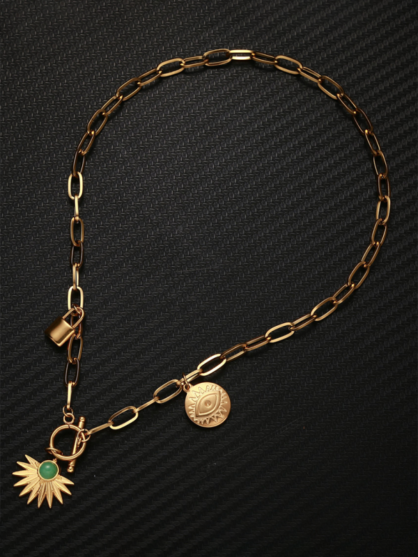 Leaves Devil's Eye Lock Pendant OT Buckle Collarbone Necklace