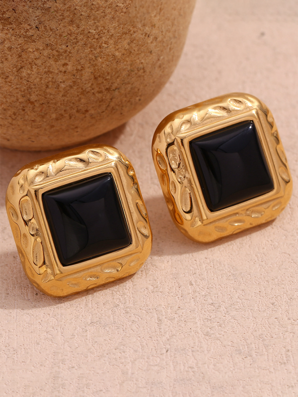 Vintage earrings stainless steel classic hammered pattern square black acrylic earrings Golden FREESIZE