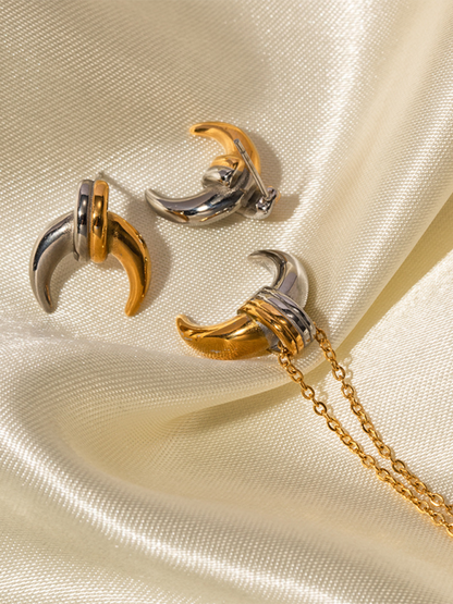 Modern gold and silver color matching moon personality pendant necklace earrings