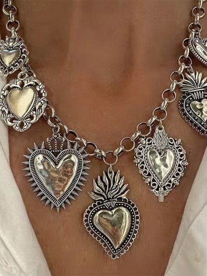 Multiple Sacred Heart Pendant Necklace Silver Chain Personalized Design Female Jewelry Silver FREESIZE