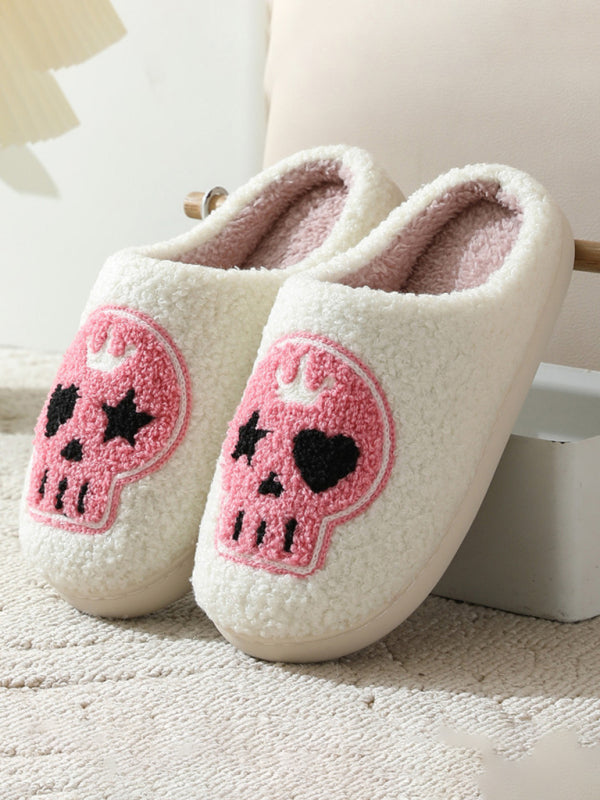 Halloween contrasting skull pattern indoor home plush warm slippers White