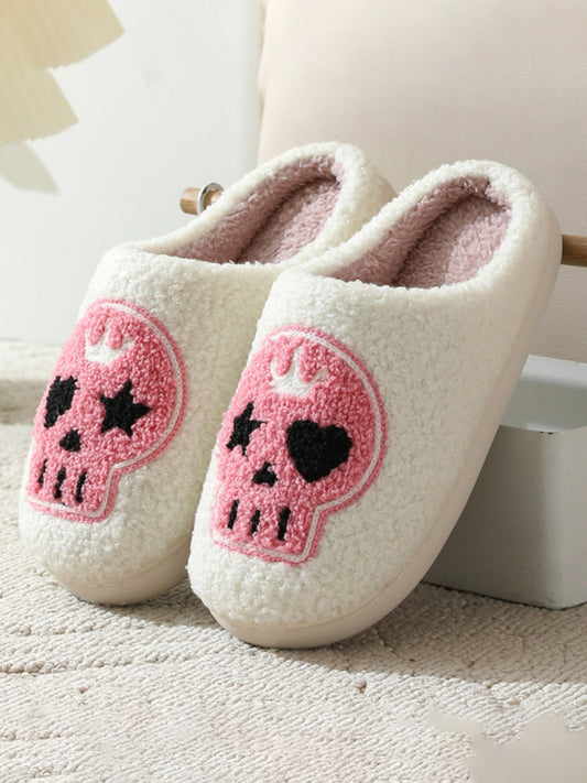 Halloween contrasting skull pattern indoor home plush warm slippers White